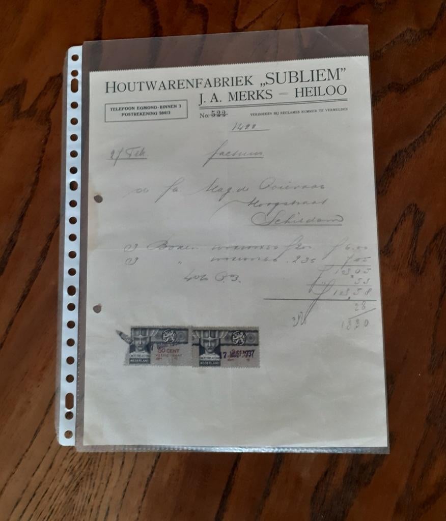 Heiloo houtwarenfabriek Subliem J.A. Merks factuur 1937, Ophalen of Verzenden, Zo goed als nieuw, Overige typen