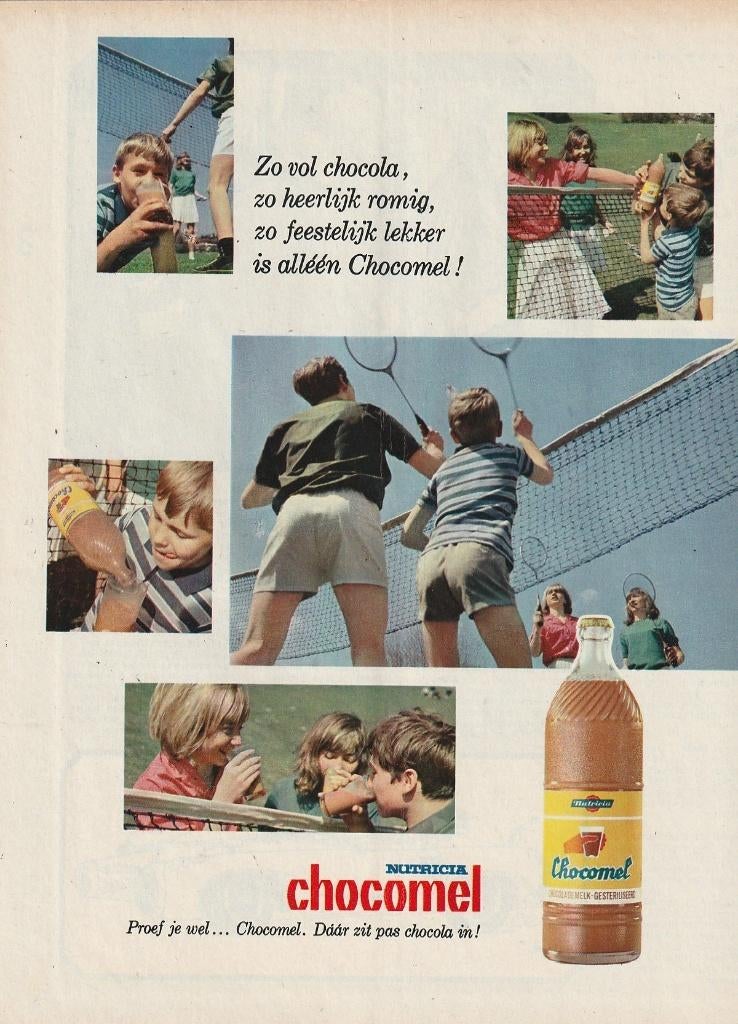 Retro reclame 1966 Nutricia Chocomel kinderen badminton, Verzamelen, Verzenden, Overige typen