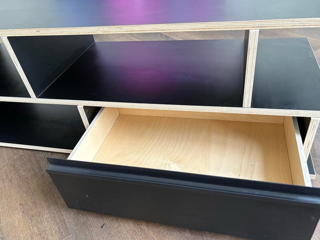 Zwart televisiemeubel met lades TYLKO, Ophalen, Gebruikt, 100 tot 150 cm, Minder dan 100 cm