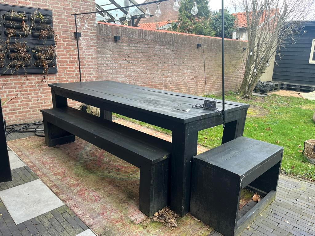 Steigerhouten tafel + grote en kleine bank zwart + tafelklem, Tuin en Terras, Tuinsets en Loungesets, Ophalen, Bank, Gebruikt