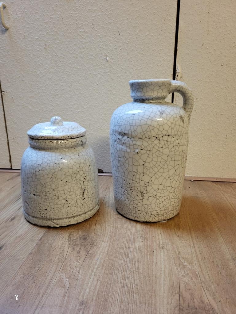 Set van craquelé aardewerk: kruik en pot met deksel, Ophalen, Steen, Gebruikt, Overige kleuren