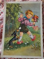 Jongen met bos bloemen wordt door hondje in broek gebeten, Verzenden, 1940 tot 1960, Ongelopen, Kinderen