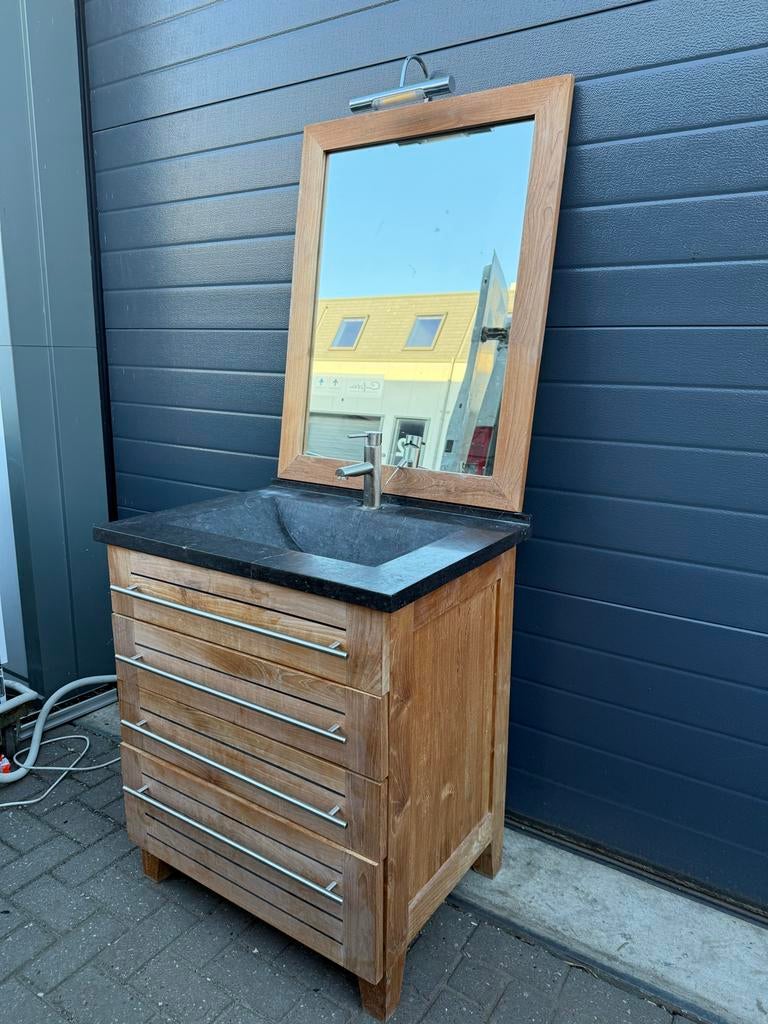 Badmeubel met natuursteen wasbak en spiegel, 100 tot 150 cm, Zo goed als nieuw, Wastafelkast, 25 tot 50 cm