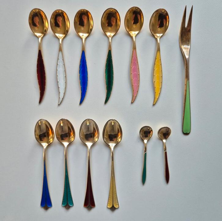 Theelepeltjes, sterling zilver met emaille, David Andersen, Antiek en Kunst, Antiek | Goud en Zilver, Zilver, Ophalen of Verzenden