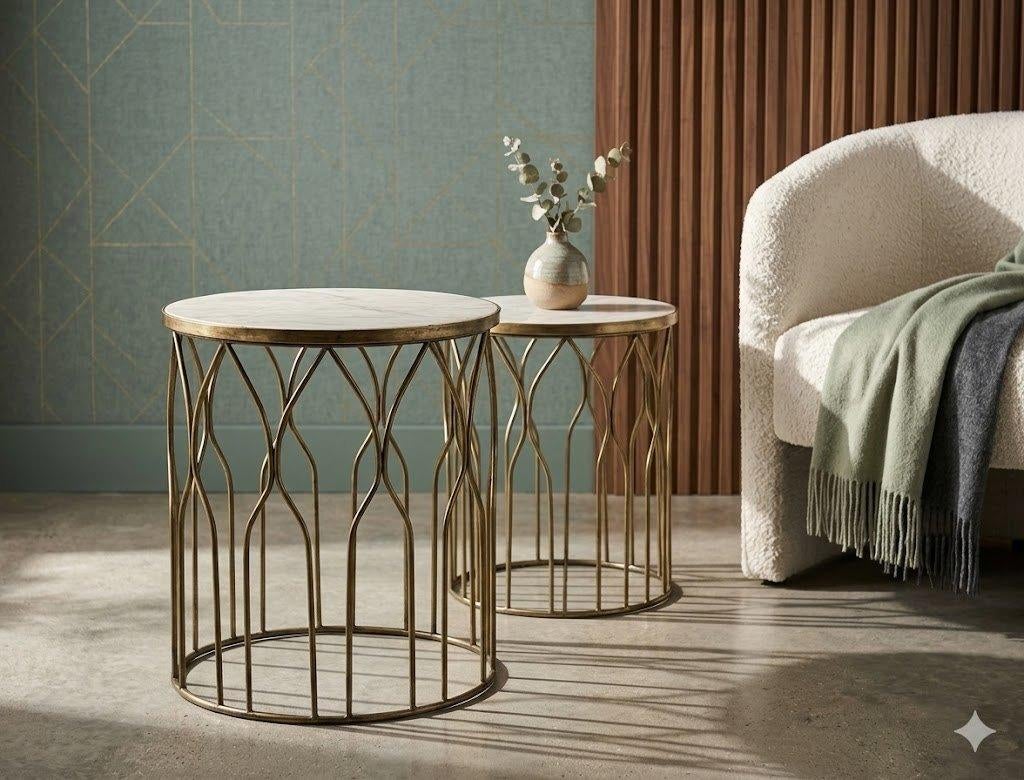 Bijzettafeltjes koper staal met wit marmer set van 2 € 30,00, Minder dan 55 cm, Gebruikt, Metaal of Aluminium, Rond