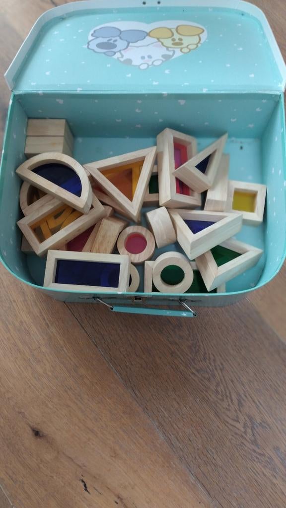 Houten blokken met gekleurde ramen in koffer, Ophalen, Gebruikt, Overige merken