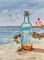 Acrylschilderij: Fles op Strand met Vuurtoren (30x40 cm), Ophalen of Verzenden