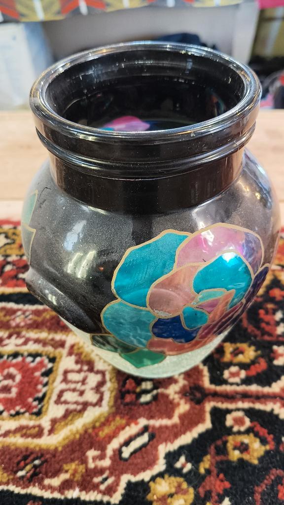 Handbeschilderde glazen vaas met bloemendecor, Huis en Inrichting, Woonaccessoires | Vazen, Gebruikt, Overige kleuren, Minder dan 50 cm