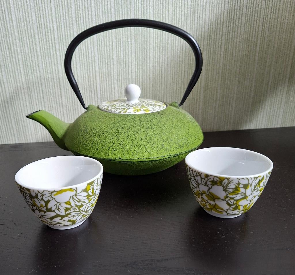 Bredemeijer gietijzeren theepot+2 kopjes, Theepot/fluitketel, Groen, Bredemeijer, Ophalen of Verzenden