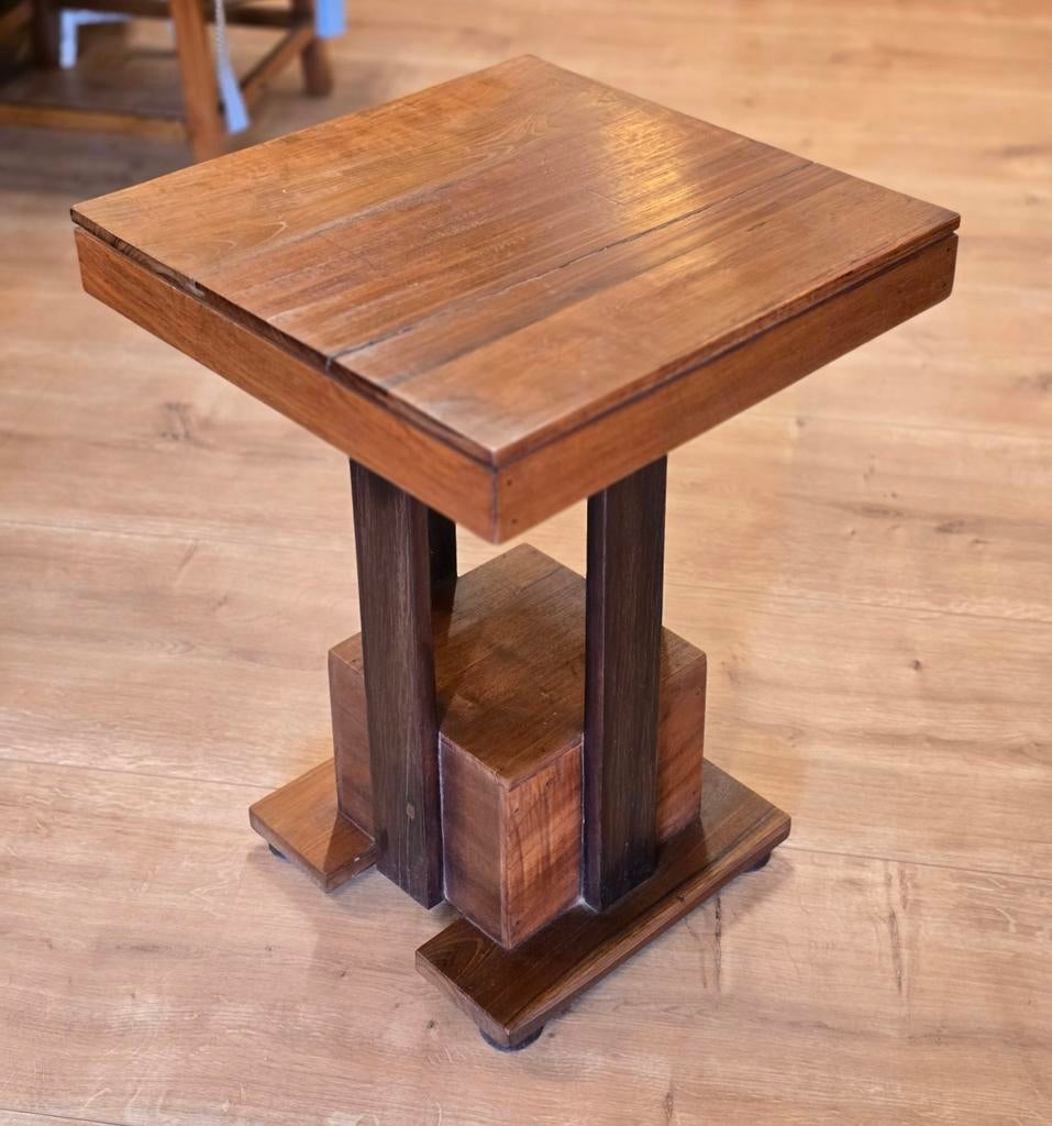 Art Deco bijzettafel van massief teakhout 40x40cm, Ophalen, Nieuw, Rechthoekig, Minder dan 55 cm