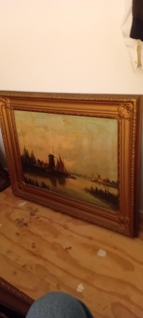 Oud Hollands Landschap Schilderij met Molen en Boten, Ophalen of Verzenden