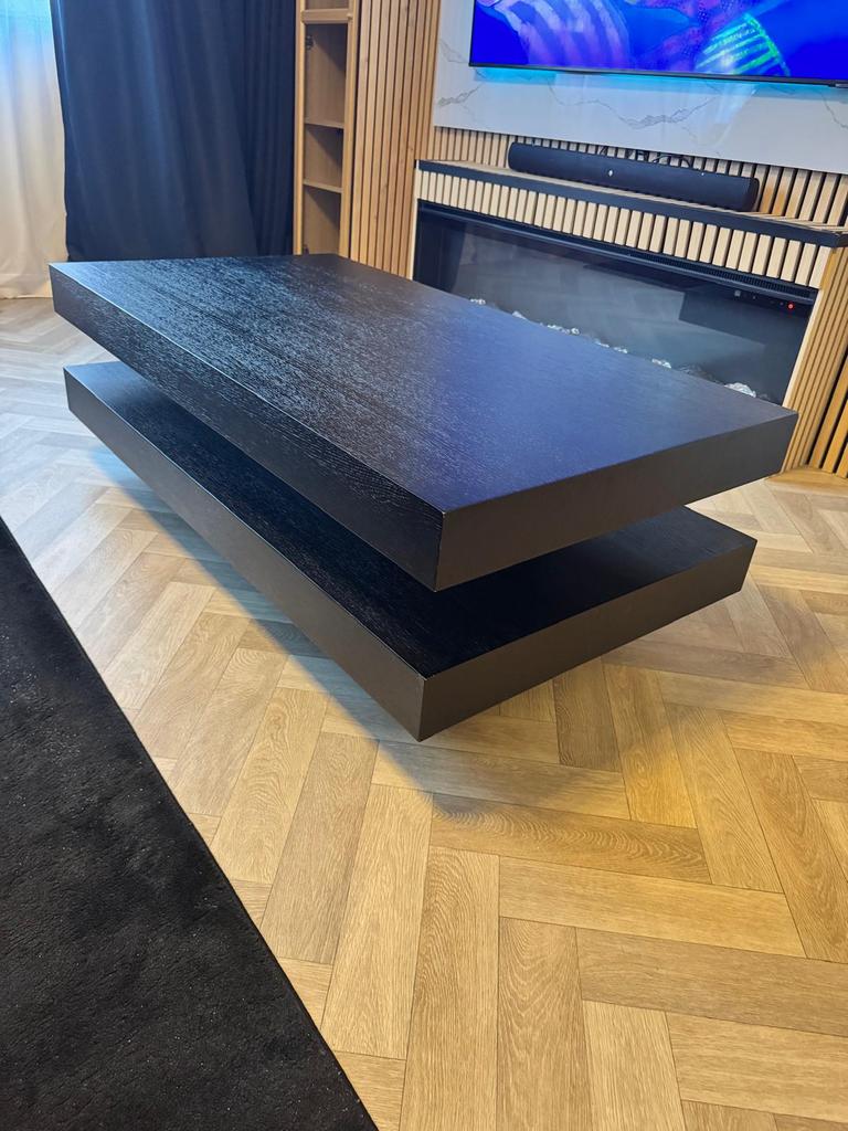 Stijlvolle moderne salontafel – zwart eiken fineer, Ophalen, 100 tot 150 cm, Eikenhout, 50 tot 100 cm