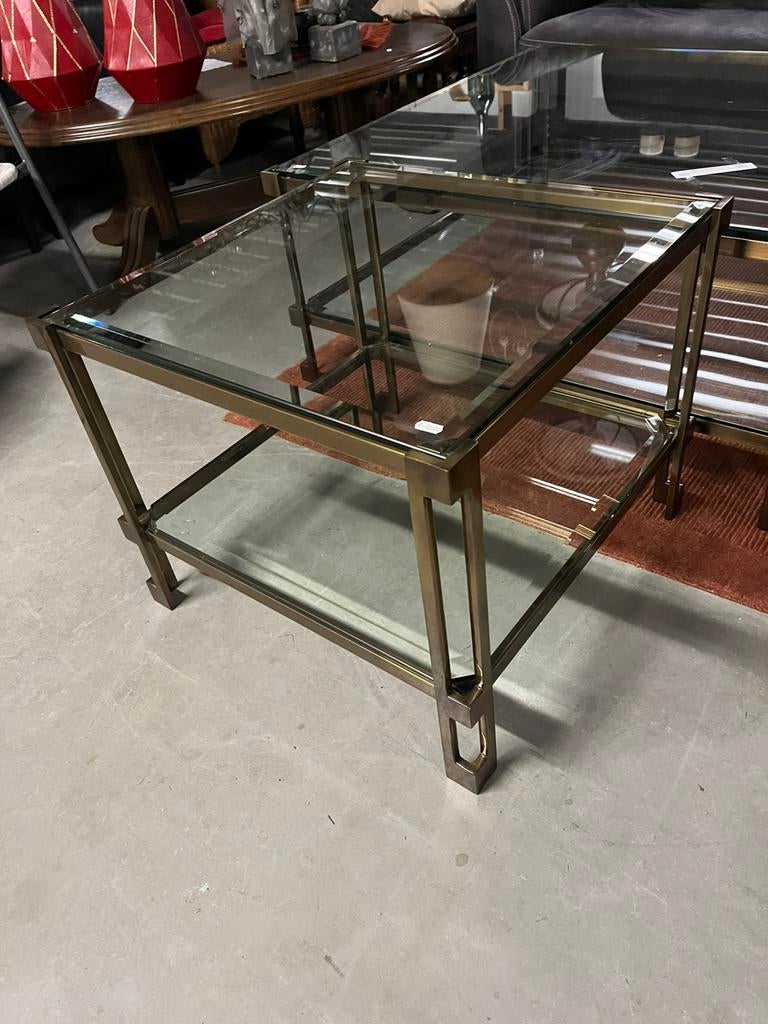 Prachtige glazen bijzettafel, geraamte van messing, Minder dan 55 cm, Gebruikt, Metaal of Aluminium, Vierkant
