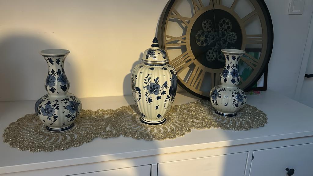 Set van 3 Delfts blauwe vazen en gemberpot, Ophalen of Verzenden