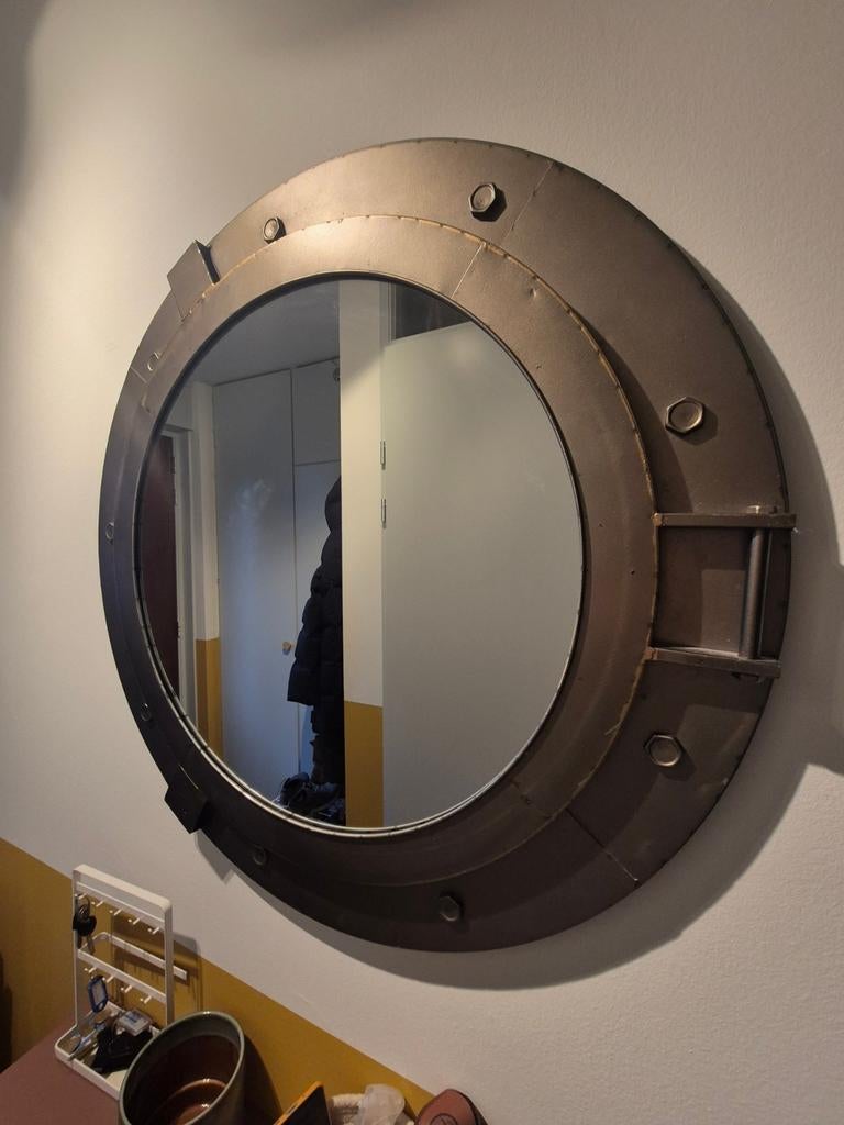 Spiegel met industriële rand, Huis en Inrichting, Ophalen, Rond, Zo goed als nieuw, 75 tot 100 cm