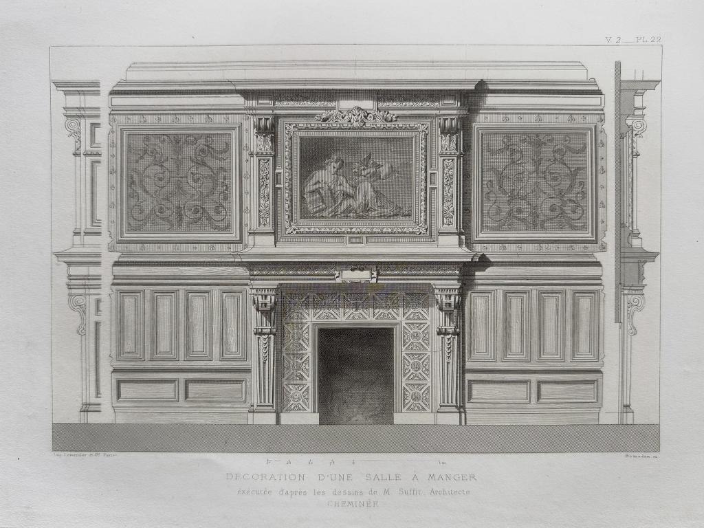 1877 antieke staal-gravure, tekening interieur Parijs, Antiek en Kunst, 1800 - 1899, Verzenden, Architectuur, Origineel
