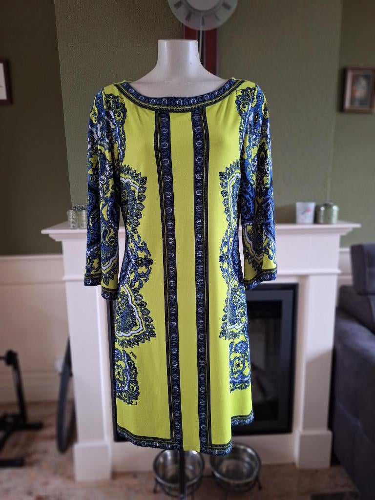 Hale Bob lime kleurige blauw zwarte jurk M 38, Maat 38/40 (M), Verzenden, Zo goed als nieuw, Knielengte