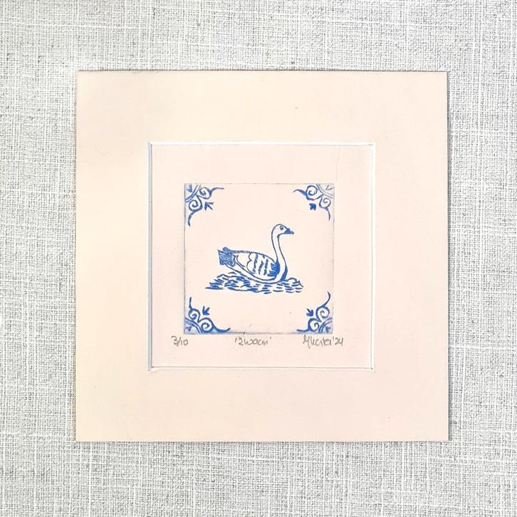 Print zwaan, ivoorkleurig passe partout 15x15, handgemaakt, Huis en Inrichting, Woonaccessoires | Schilderijen, Tekeningen en Foto's