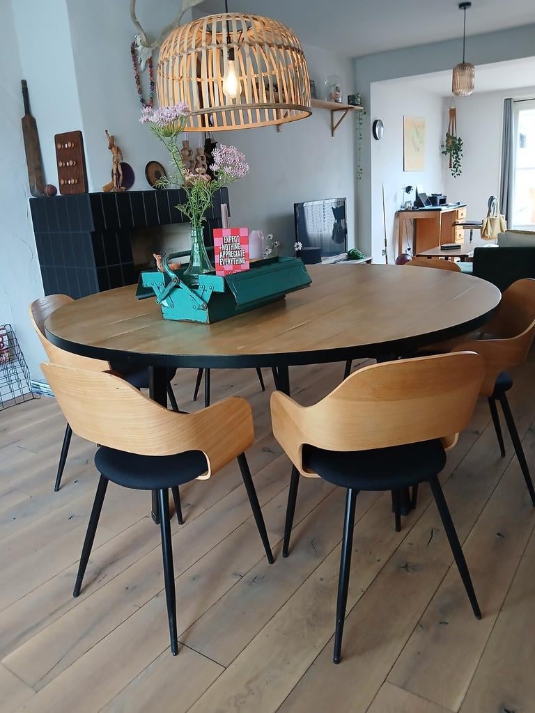 Set van 6 moderne eetkamerstoelen zwart met hout, Ophalen, Gebruikt, Modern, Scandinavisch, Zwart