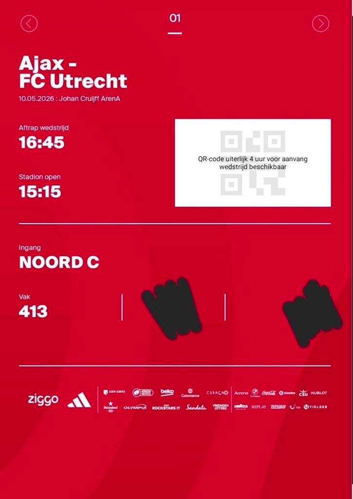 Ajax - FC Utrecht 1x Vak 413, Tickets en Kaartjes, Losse kaart, Eén persoon, Mei