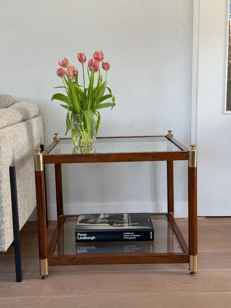 bijzettafel klassiek old Money design glas hout goud messing, Huis en Inrichting, Tafels | Bijzettafels, Vierkant, 55 tot 75 cm