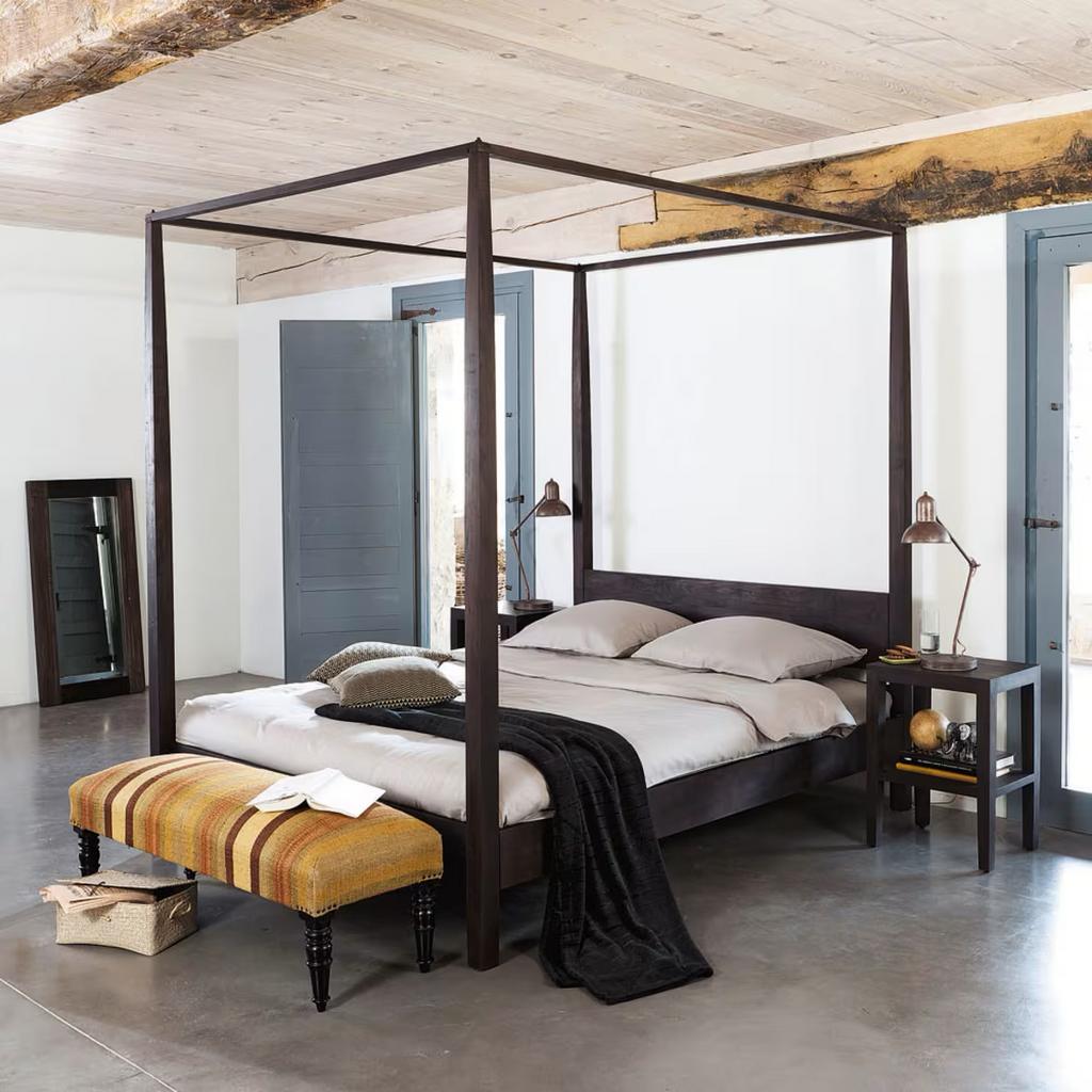 Maisons Du Monde Acaciahouten hemelbed 160x200, Ophalen, Gebruikt, Bruin, Tweepersoons