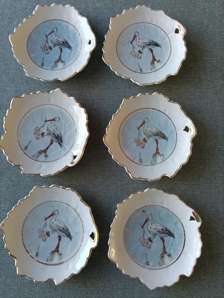 Set van 6 ooievaar  (geboorte) schaaltjes, Ophalen of Verzenden