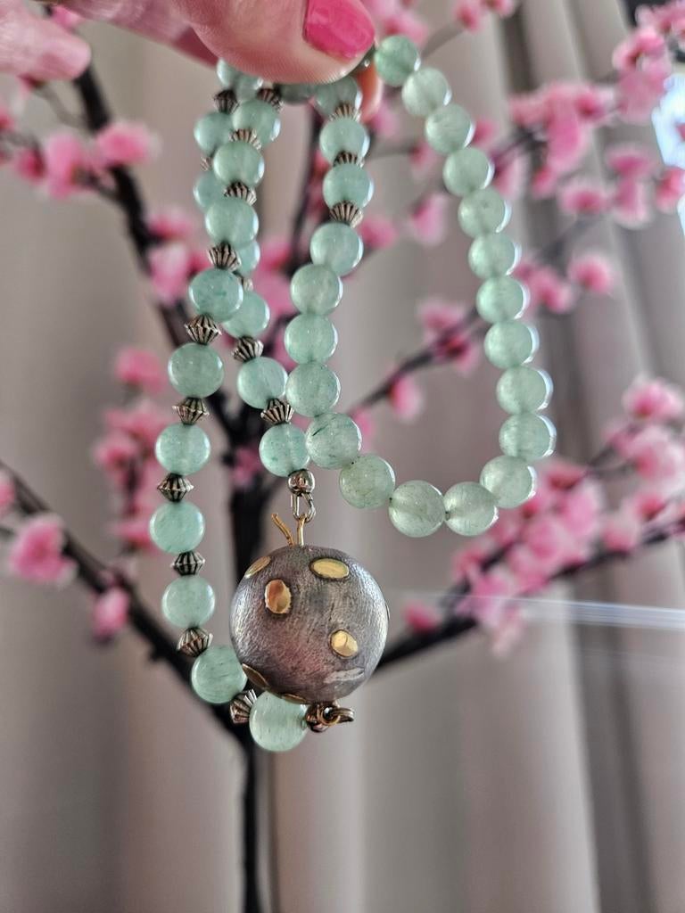 Vintage Unieke Ketting met Jade, Zilver en 14K Goud - 44 cm, Gebruikt, Ophalen of Verzenden, Met edelsteen, Groen