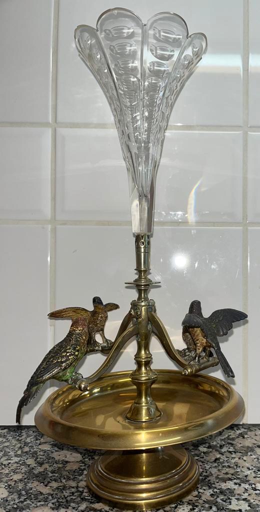 Antiek vaasje, voet en beweegbare vogels zijn van koper, Antiek en Kunst, Antiek | Koper en Brons, Ophalen of Verzenden
