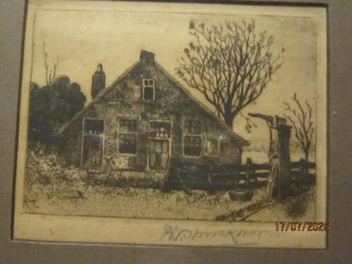 Bar.J STRONKHORST, Mooie ets Boerderij langs Rivier,met POMP, Antiek en Kunst, Kunst | Etsen en Gravures, Ophalen