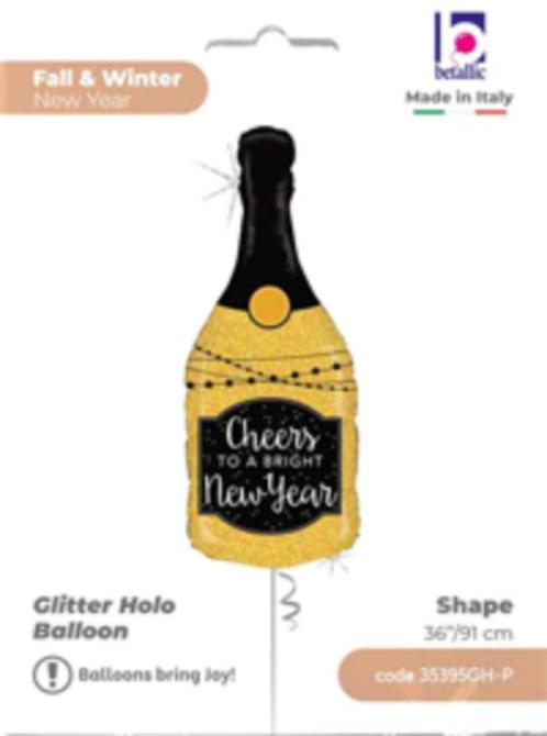 Folie Ballon - Happy New Year Glitter Champagne Fles - 91cm, Hobby en Vrije tijd, Feestartikelen, Nieuw, Versiering, Verjaardag