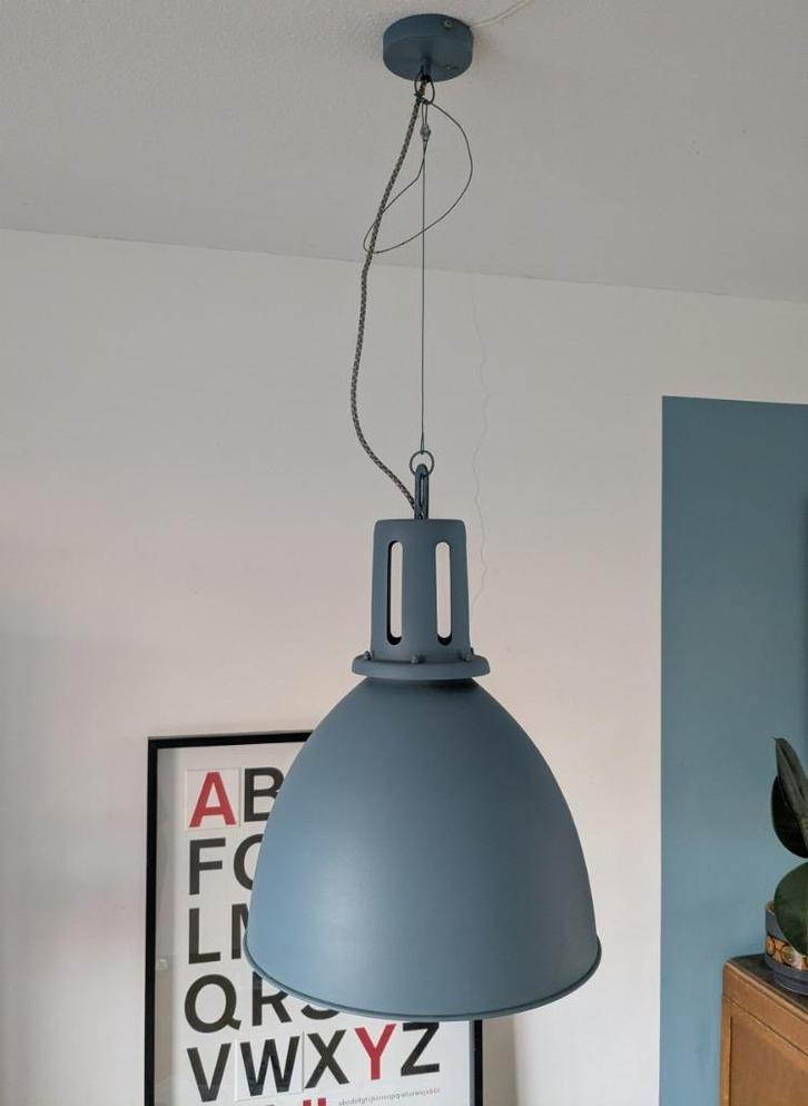 Petrolblauwe industriële hanglamp/101 Woonideeën, Huis en Inrichting, Lampen | Hanglampen, Gebruikt, Metaal, Ophalen