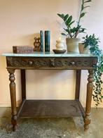 Vintage boho houten tafeltje met wit marmeren blad, Huis en Inrichting, Tafels | Sidetables, Ophalen, Gebruikt, 50 tot 100 cm