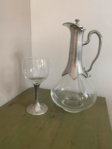 Vintage glazen karaf met tinnen details + bijpassend glas  beschikbaar voor biedingen