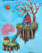 Schilderij huisje in de wolken vrolijk acryl op canvas, Antiek en Kunst, Ophalen of Verzenden