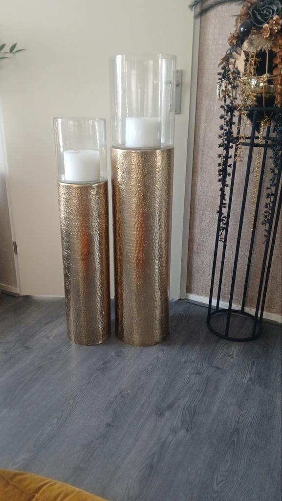 Set van 2 Staande Windlichten - Goudkleurig, Antiek en Kunst, Antiek | Kandelaars, Glas, Ophalen of Verzenden