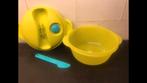 Tupperware warm op weg micropop magnetronschaal 1,5 l geel, Blauw, Schaal, Gebruikt, Ophalen of Verzenden