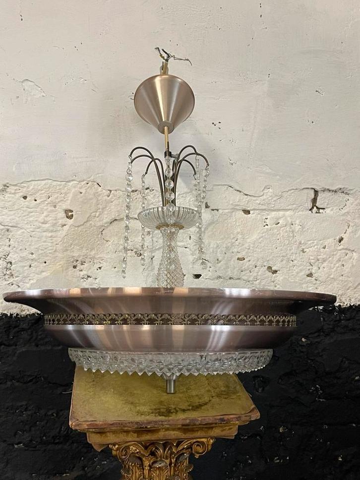 Vintage mid century hanglamp aluminium schalen kristalglas, Huis en Inrichting, Lampen | Hanglampen, Gebruikt, 50 tot 75 cm, Glas