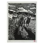 IJslandse Paarden Linoleumsnede - Handgedrukt, Verzenden