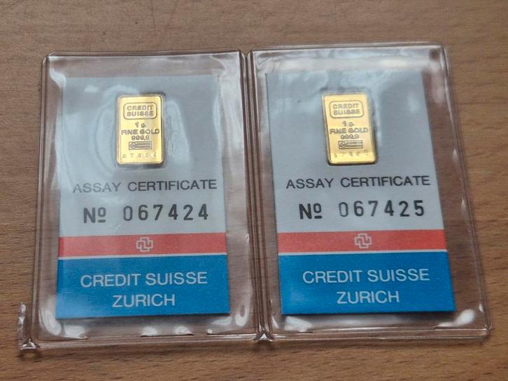 Credit Suisse: 2 x 1 gram goud. Opvolgend serienummer!, Postzegels en Munten, Edelmetalen en Baren, Goud, Ophalen of Verzenden