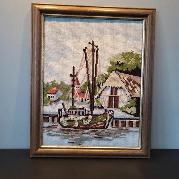 Vintage borduur schilderij met boot tafereel. beschikbaar voor biedingen