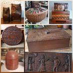 Vintage. Antiek curiosa hout uil naai kistje mand pot bord, Ophalen of Verzenden