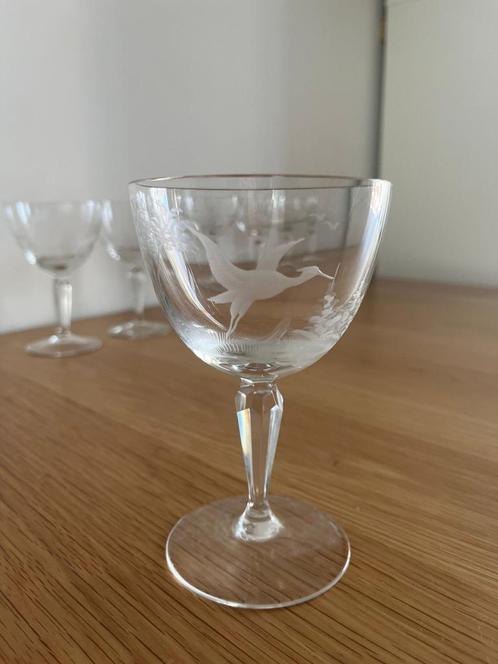 Set van 6 kristallen glazen met dierengravures, Antiek en Kunst, Antiek | Glas en Kristal, Ophalen of Verzenden