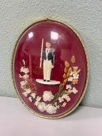 Antieke ronde stolp ovaal handgemaakt poppetje bloemen 1900, Antiek en Kunst, Ophalen of Verzenden