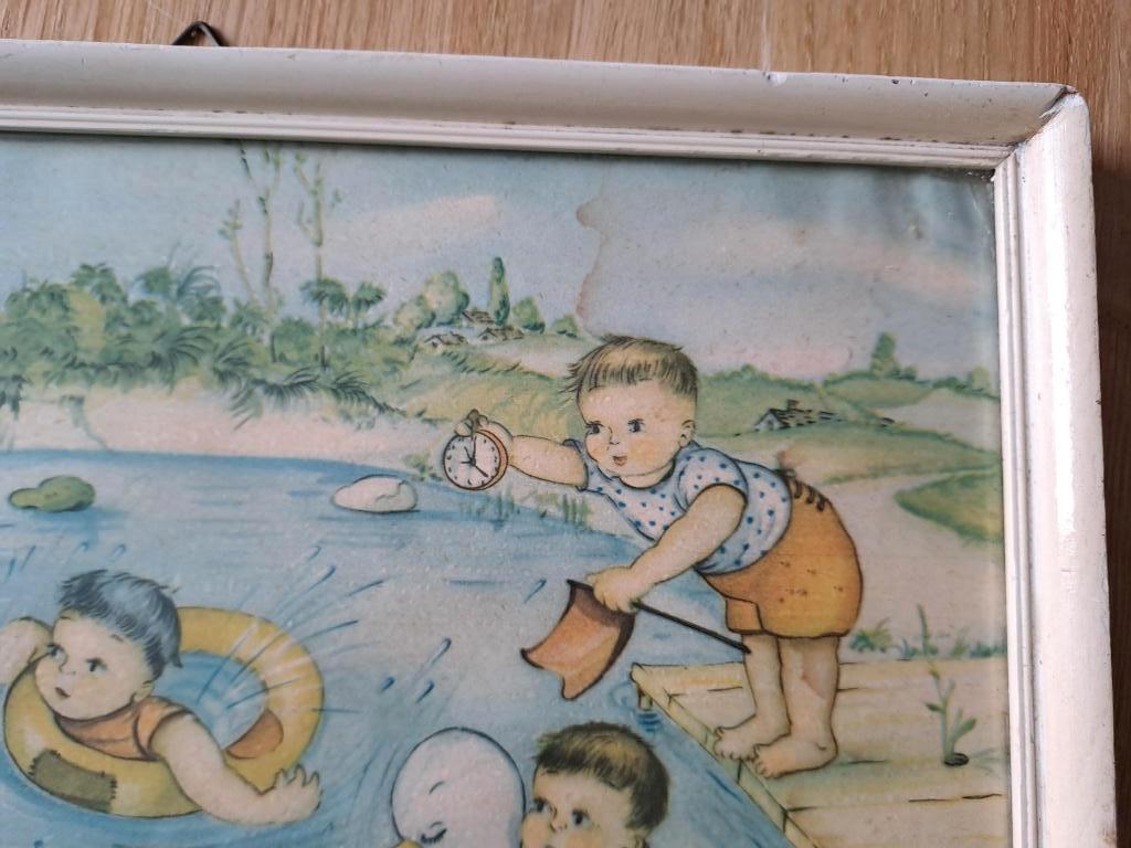 Mid-century vintage kinderprent in lijst, Gebruikt, Nvt vintage, Ophalen of Verzenden, Nvt vintage