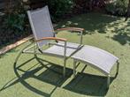 Lounge stoel met hocker aluminium meranti nieuwstaat, Ophalen, Zo goed als nieuw, Aluminium, Verstelbaar