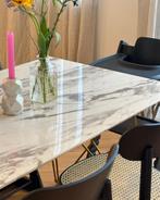 Prachtige glas marmeren tafel met gouden stalen poten, Huis en Inrichting, Tafels | Eettafels, Ophalen, Gebruikt, 100 tot 150 cm