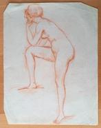 A493-18 Oude tekening Ontklede vrouw leunend op knie, Antiek en Kunst, Kunst | Tekeningen en Foto's, Ophalen of Verzenden