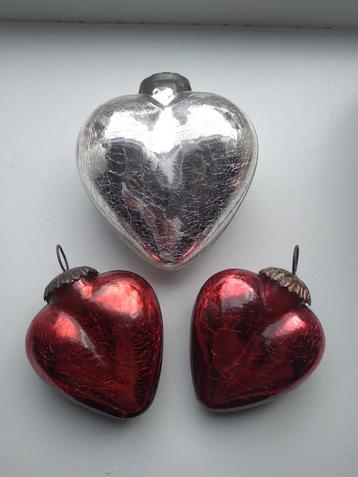 Vintage Glazen Harten Kerst Ornamenten Set beschikbaar voor biedingen