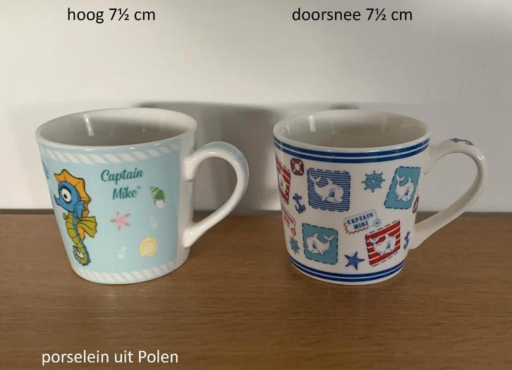 mokken mokjes, Kraina Pingwina, Captain Mike, Pools keramiek, Huis en Inrichting, Keuken | Servies, Zo goed als nieuw, Kop(pen) en/of Schotel(s)